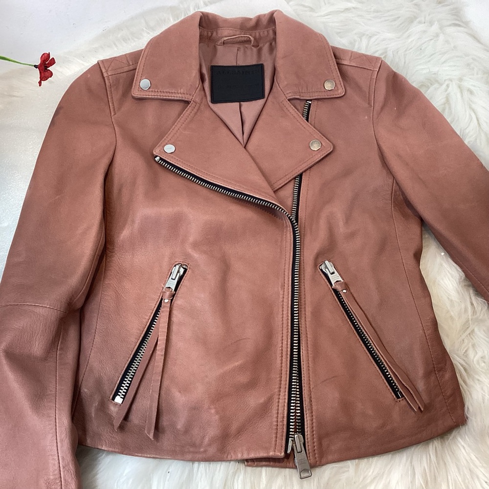 ALLSAINTS DALBEY LEATHER SLIM FIT BIKER MOTO JACKET ROSE PINK EUC SZ 6
